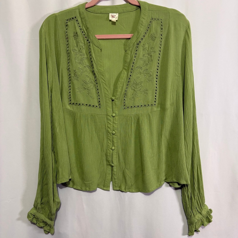 Autres Filles Green Embroidered Eyelet Button Front Blouse XL Boho Ruffle Gauzy